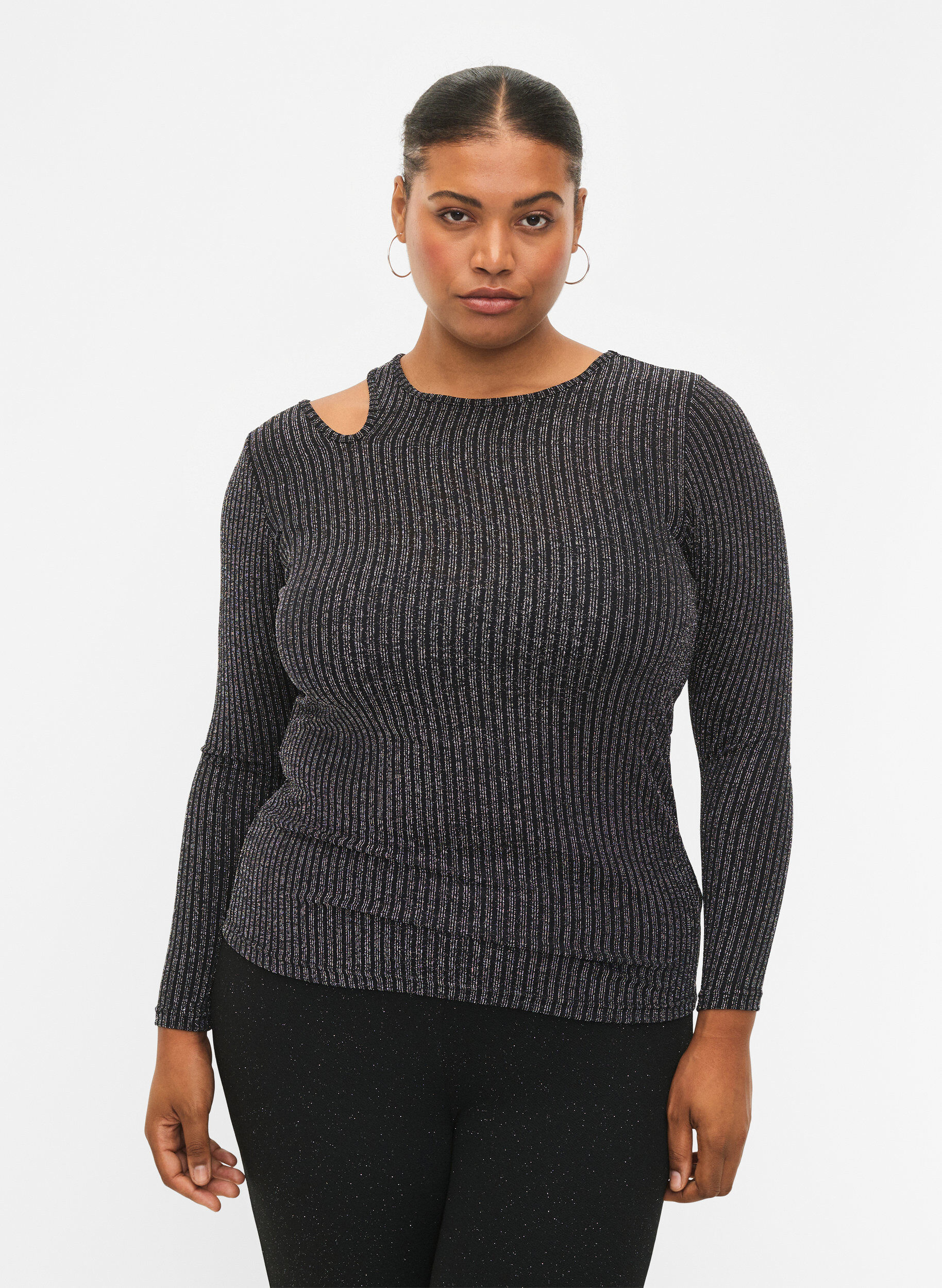 Zizzi Pitk&auml;hihainen cut out -pusero glitterill&auml;, B. w. Silver Stripes, Model image number 0
