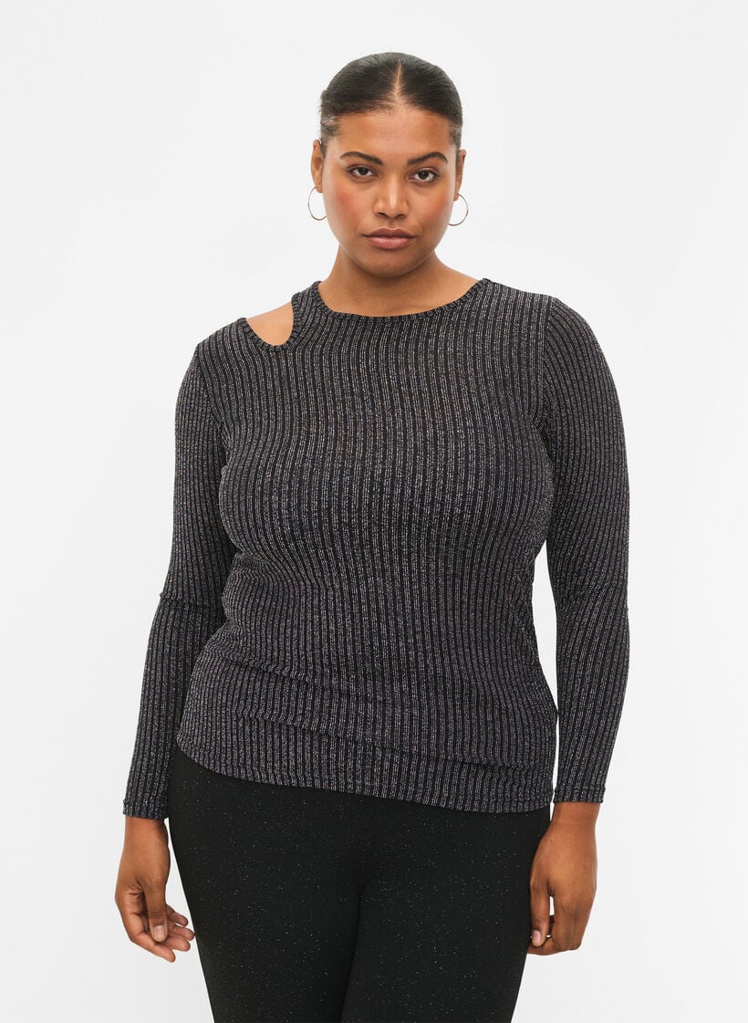 Pitkähihainen cut out -pusero glitterillä, B. w. Silver Stripes, Model image number 0