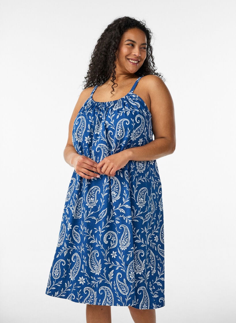 Midipituinen olkainmekko luomupuuvillaa, Sininen, Model image number 0