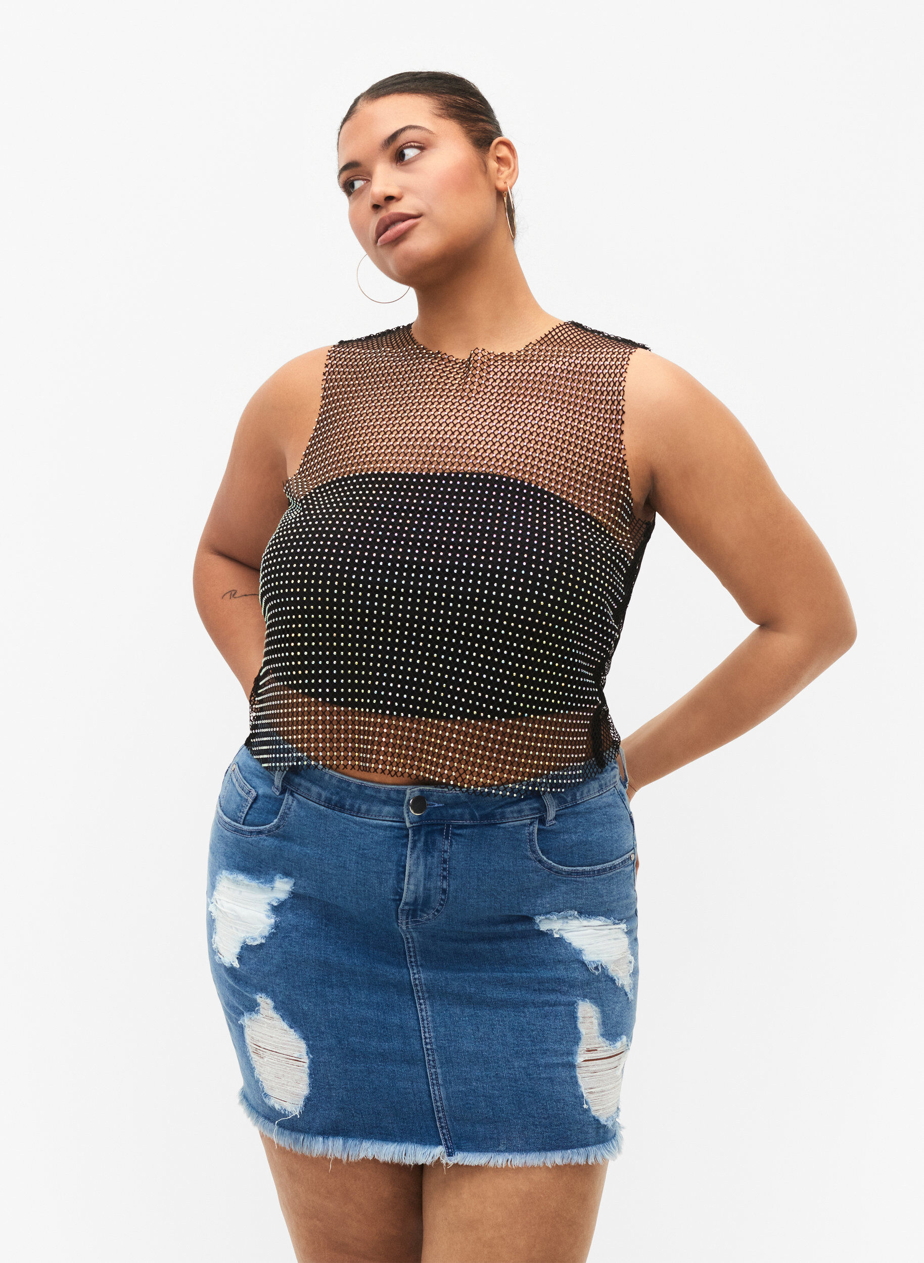 Zizzi Tyk&ouml;istuva farkkuhame kulutuksella, Blue denim, Model image number 0