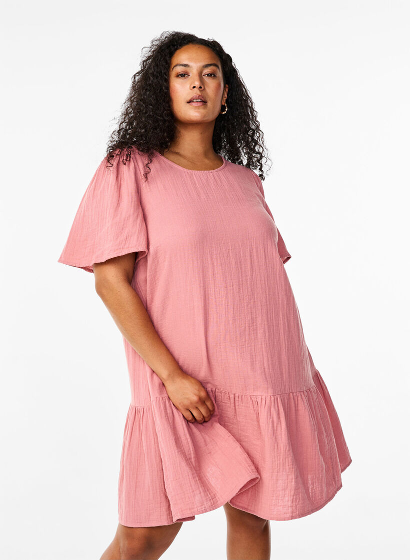 Lyhythihainen ja A-linjainen puuvillamekko, Old Rose, Model image number 0