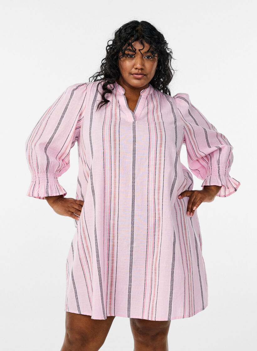 Lyhyt puuvillamekko raidallisella kuosilla, Vaaleanpunainen, Model image number 0