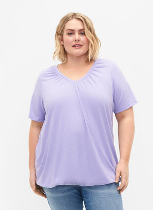 Meleerattu t-paita jostavalla helmalla, Lavender Mél, Model image number 0
