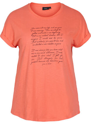 Ekologisesta puuvillasta valmistettu t-paita painatuksella, Living Coral Text, Packshot image number 0