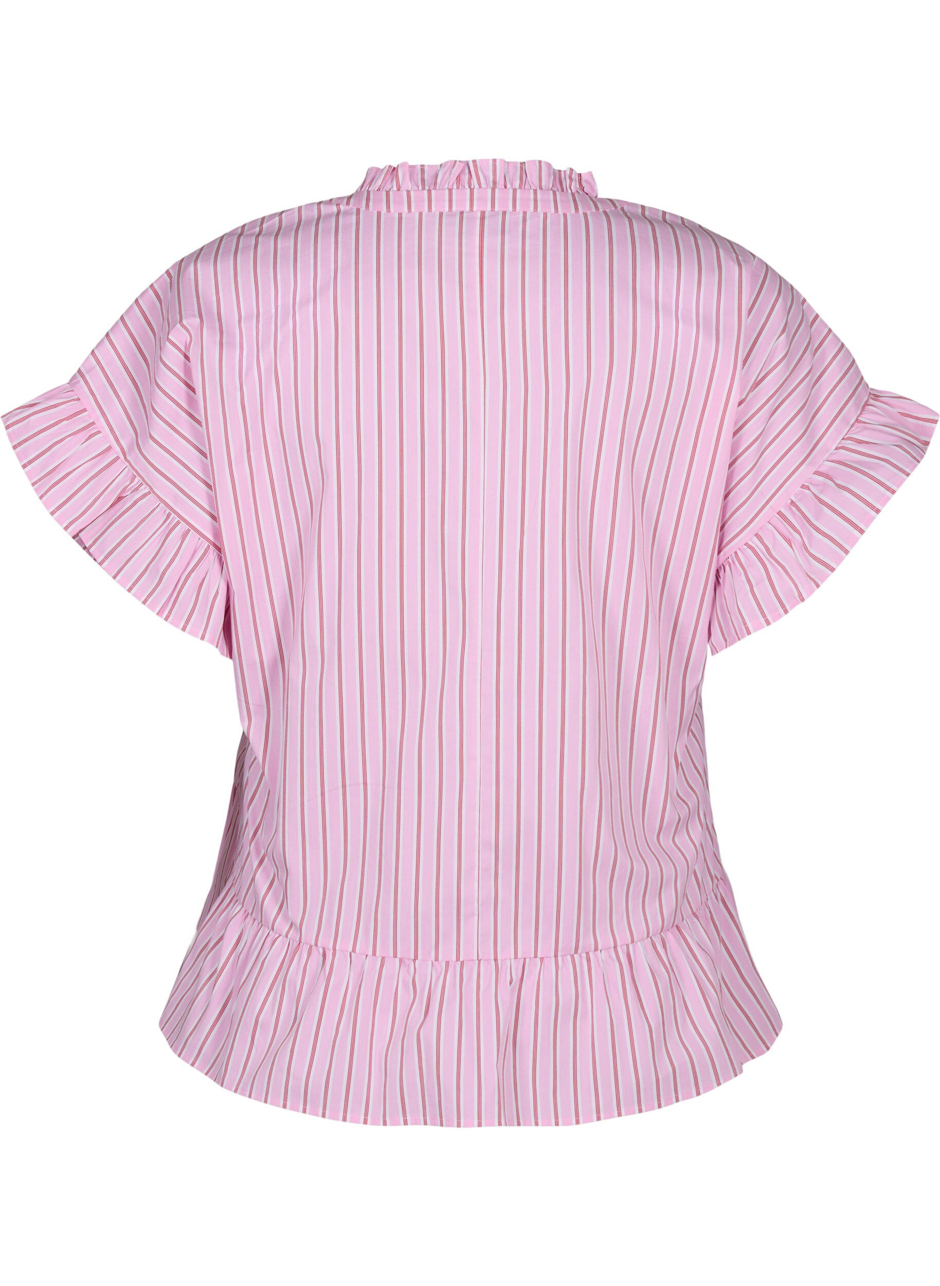 Zizzi Raidallinen pusero, jossa on peplum ja r&ouml;yhel&ouml;it&auml;, Pink Red Stripe, Packshot image number 1
