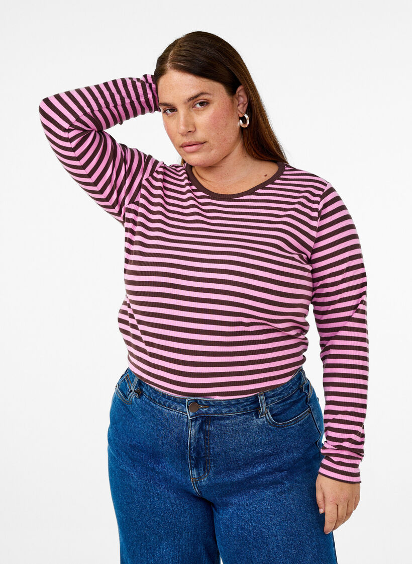 Raidallinen pusero pitkill&auml; hihoilla, Vaaleanpunainen, Model image number 0