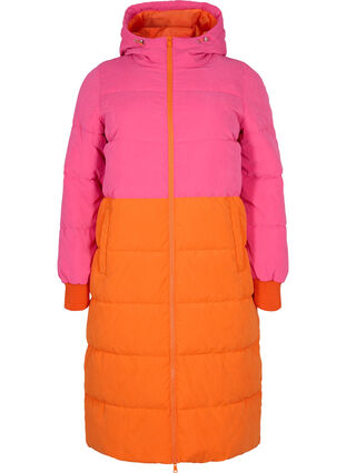 Pitkä talvitakki värikaistaleella, Pink W/Orange, Packshot image number 0