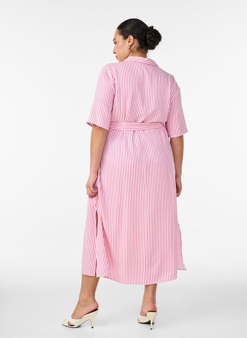 Nilkkapituinen paitamekko, jossa solmittava vy&ouml; ja raitoja, Vaaleanpunainen, Model image number 1