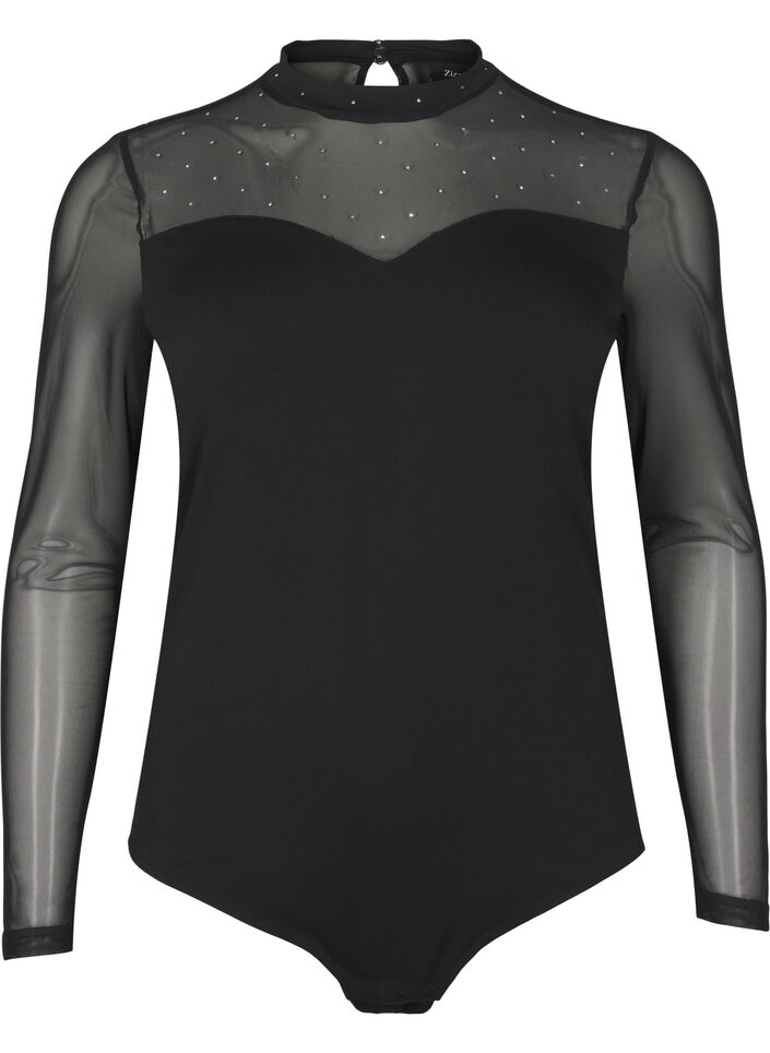 Bodystocking niiteillä ja pitkillä meshj -hihoilla, Black, Packshot image number 0