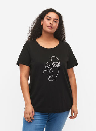 Puuvillainen t-paita kimaltavalla printillä, Black Shimmer Face, Model image number 0