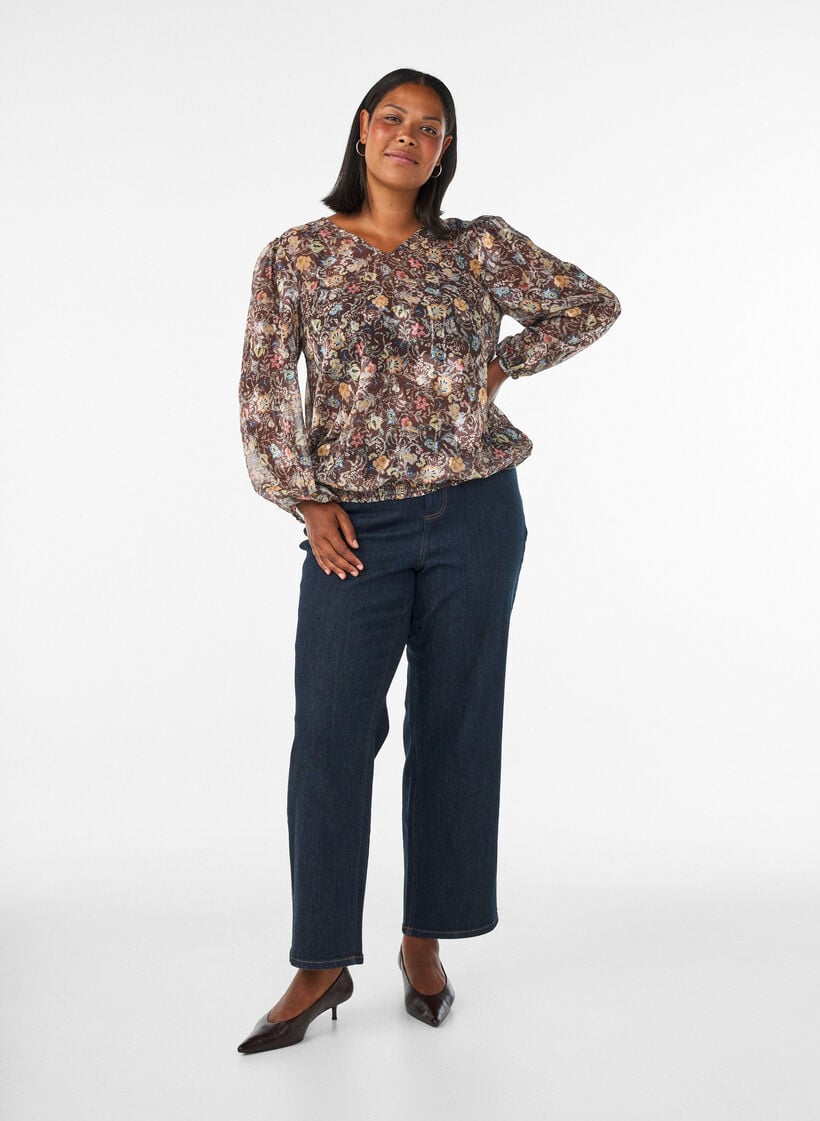 Kukkakuviollinen pusero ja pallohihat, Ruskea, Model image number 1