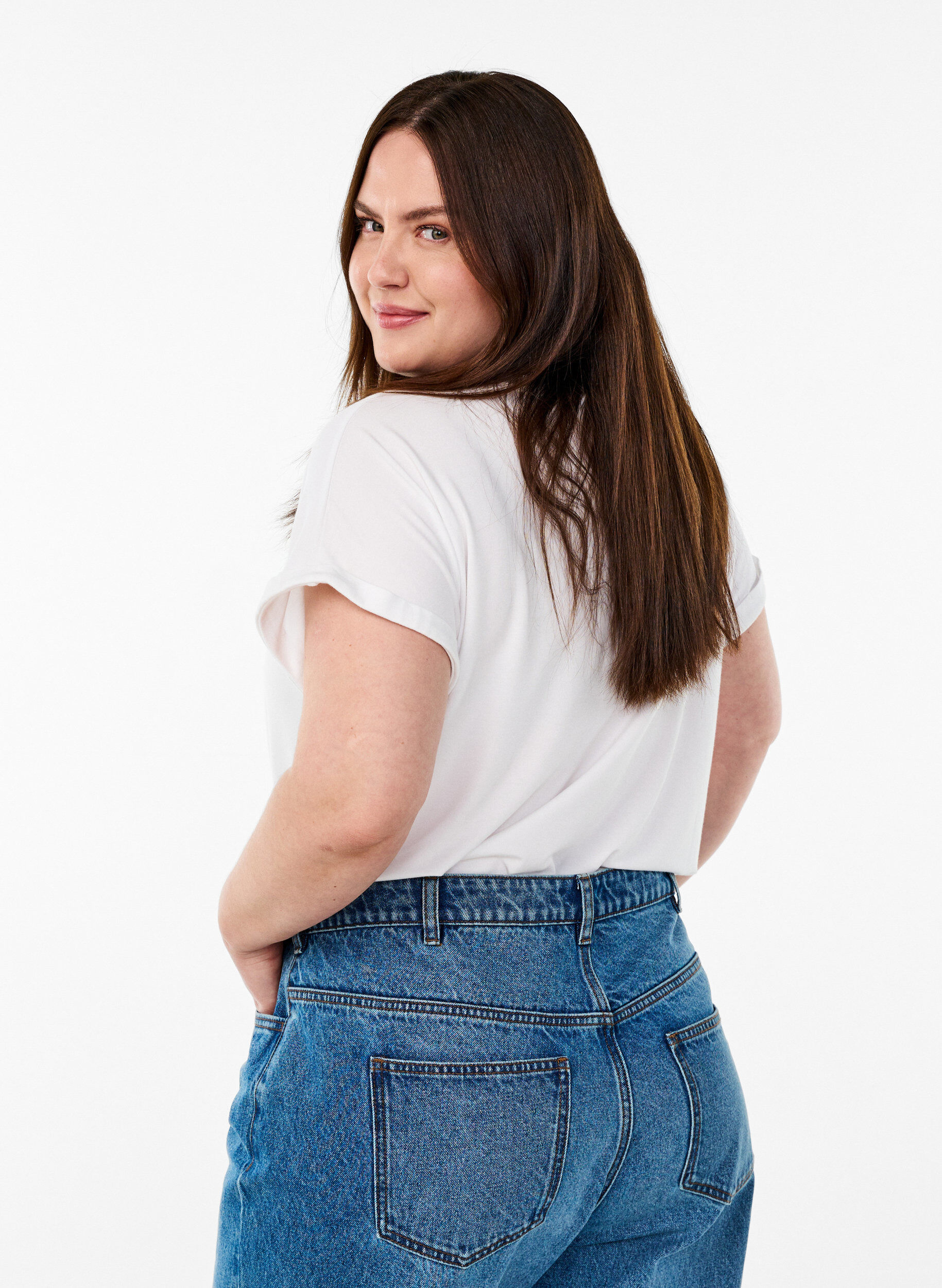 Zizzi Rento t-paita py&ouml;re&auml;ll&auml; p&auml;&auml;ntiell&auml;, Valkoinen, Model image number 2