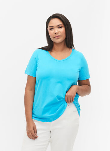 Yksivärinen perus t-paita puuvillasta, Blue Atoll, Model image number 0