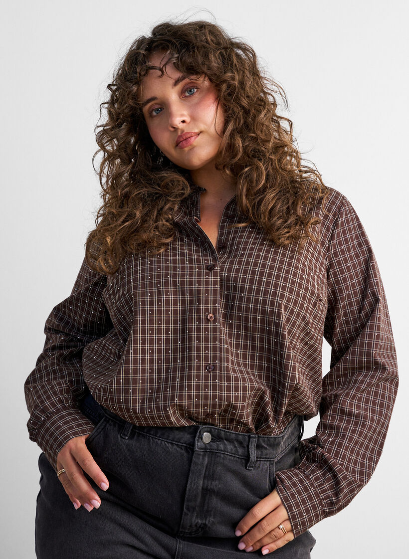Ruudullinen paita strasseilla, Ruskea, Model image number 0