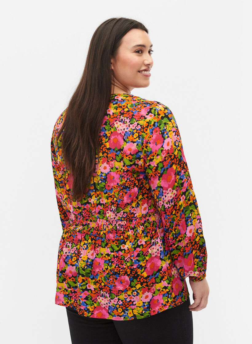 Viskoosipusero kukkakuosilla ja smokkirypytyksellä, Neon Flower Print, Model image number 1