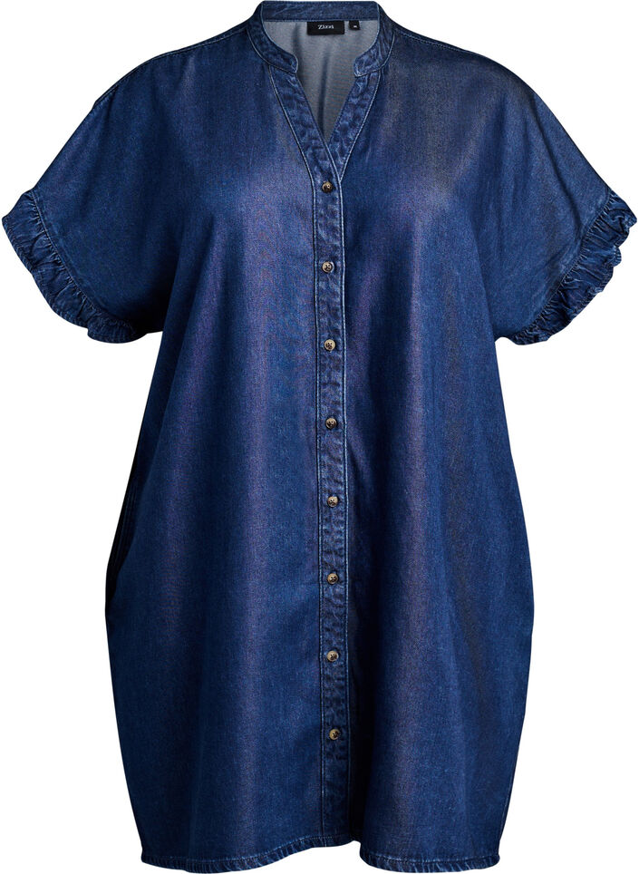 Denim -lookinen mekko nappikiinnityksell&auml; ja r&ouml;yhel&ouml;hihoilla, Sininen, Packshot image number 0