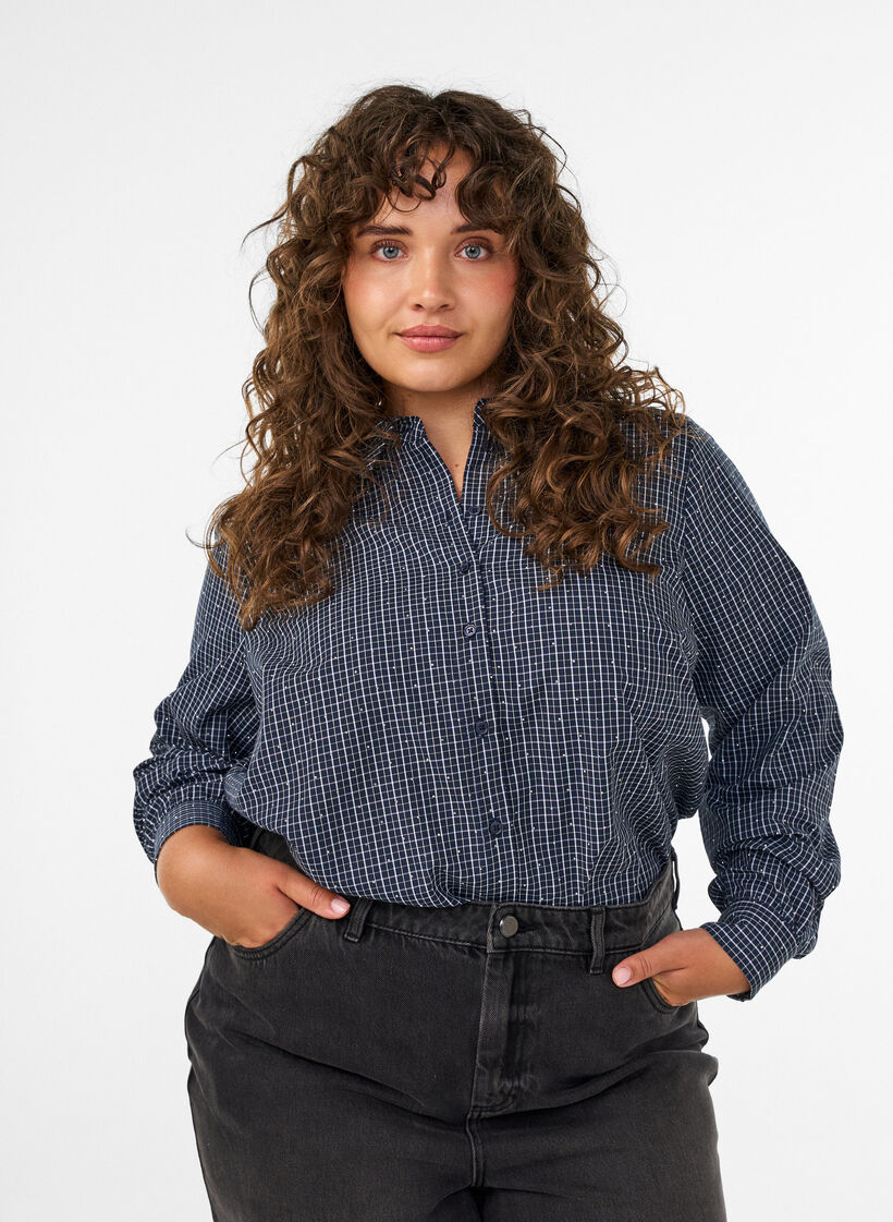 Ruudullinen paita strasseilla, Sininen, Model image number 0