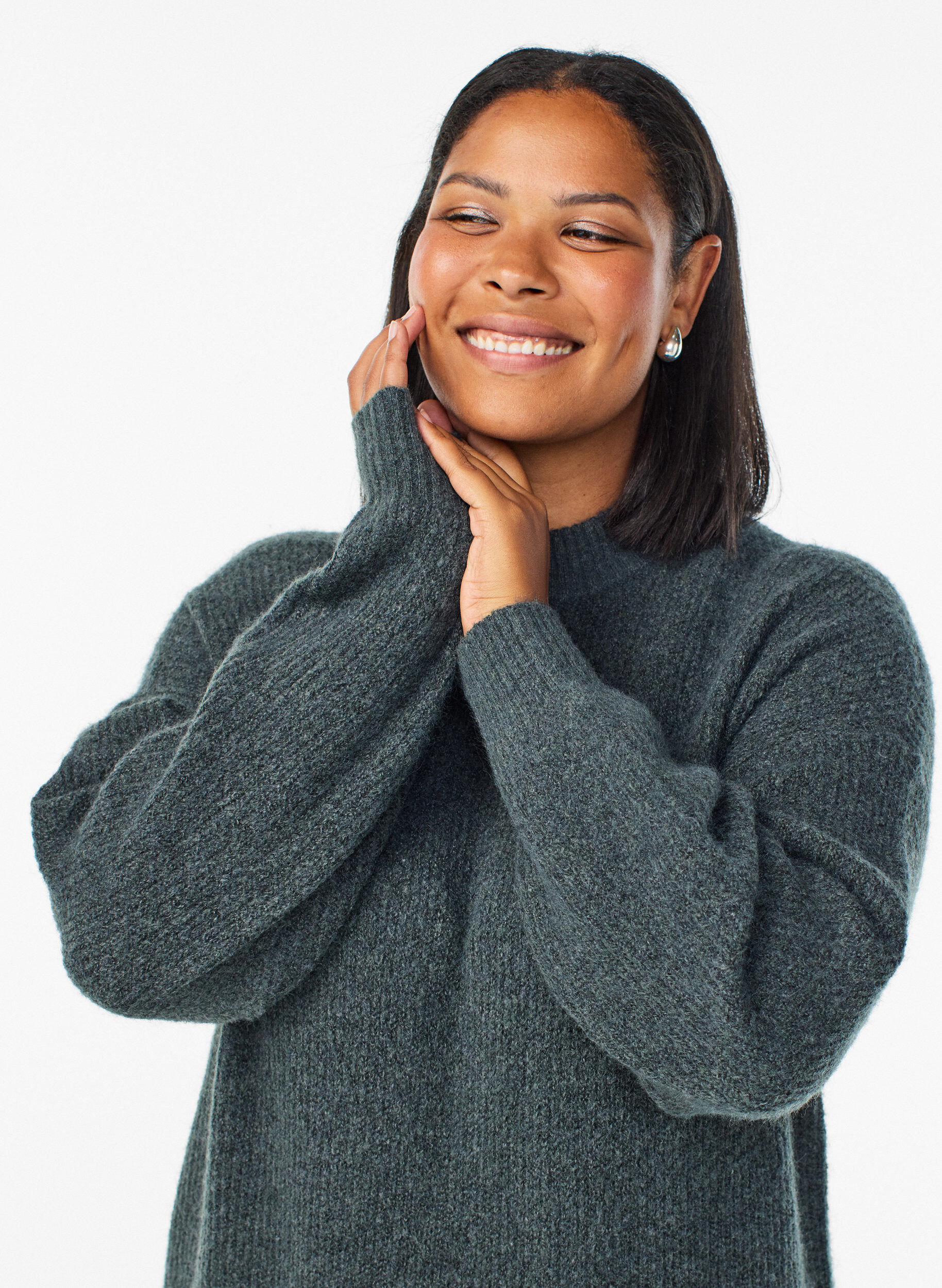 Zizzi Pitk&auml; neulemekko korkealla kauluksella, Vihre&auml;, Model image number 2