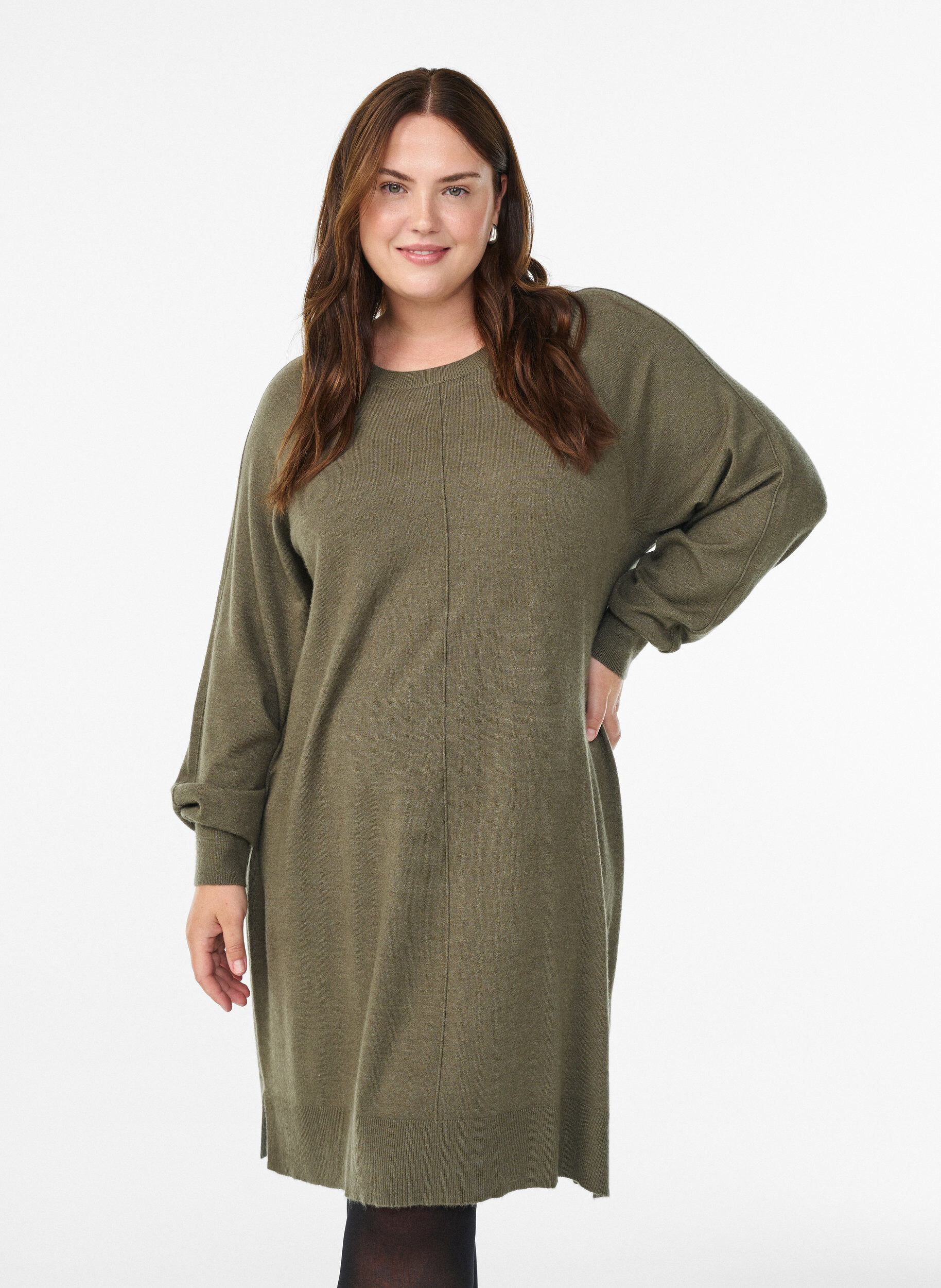 ZizziLyhyt neulemekko raglanhihoilla ja keskisaumalla, Vihre&auml;, Model image number 0