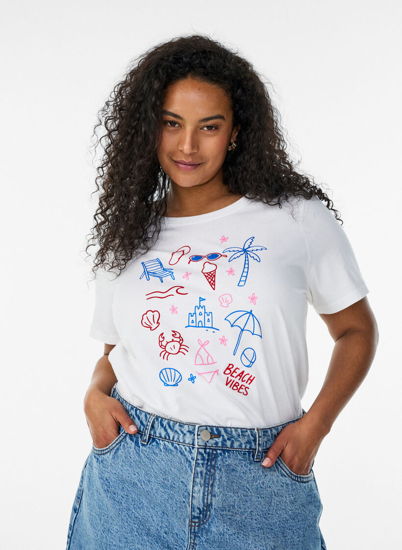 Luomupuuvillainen T-paita rantateemaisella printill&auml;, Valkoinen, Model image number 0