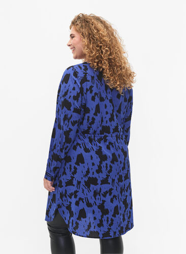 Kuvioitu mekko, jossa on kiristysnauha vyötäröllä, Black Blue AOP, Model image number 1
