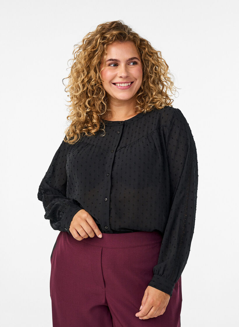 Paita teksturoidulla pilkkukuviolla ja kirjailuyksityiskohdilla, Musta, Model image number 0
