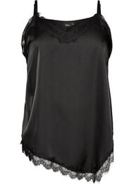 Satiinipintainen toppi pitsireunalla ja ep&auml;symmetrisell&auml; helmalla, Musta