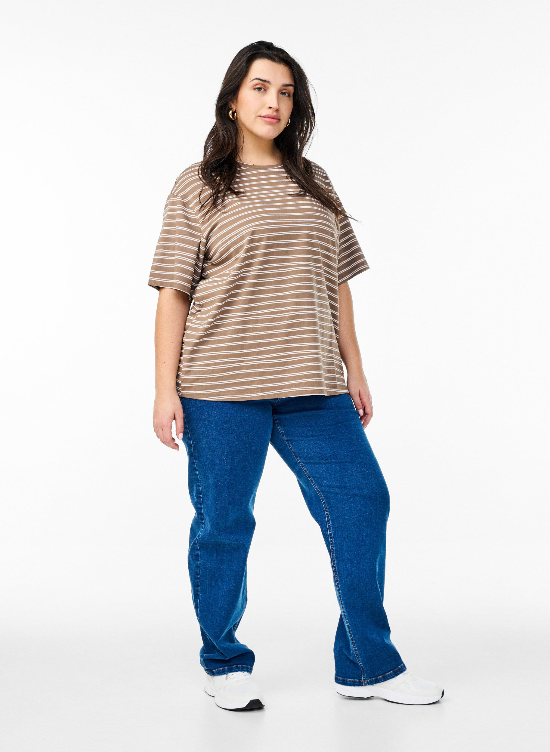 Zizzi Raidallinen t-paita, Ruskea, Model image number 1