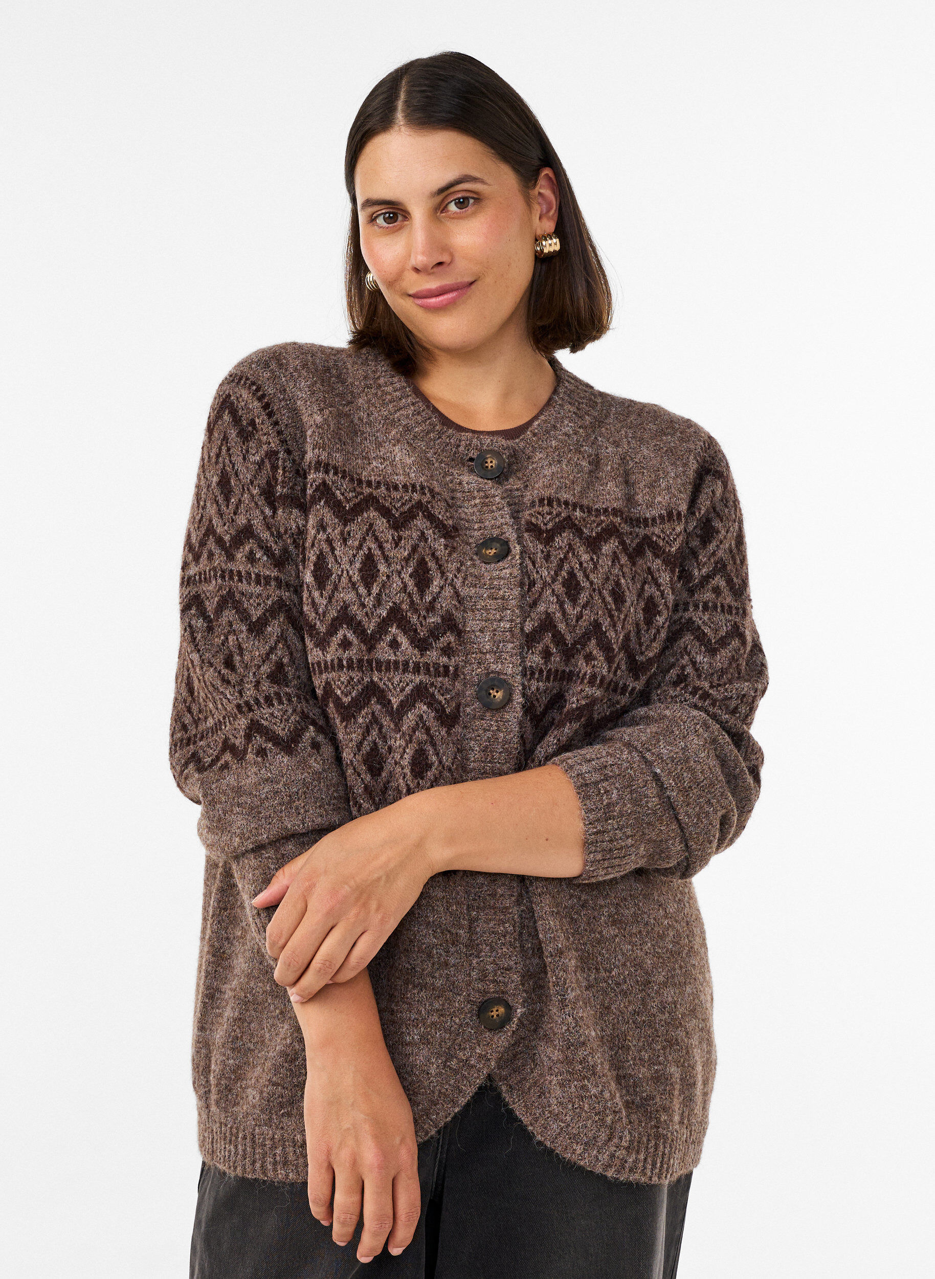 Jacquard-kuviollinen neuletakki, Ruskea, Model