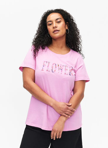 Puuvillainen T-paita tekstipainatuksella, Rosebloom w. Flower, Model image number 0