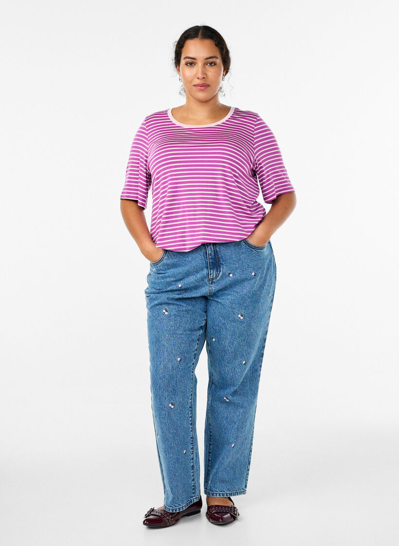 T-paita TENCEL&trade; Lyocellista ja raidoilla, Violetti, Model image number 1