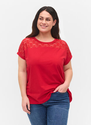 Lyhythihainen puuvillainen t-paita pitsillä, Tango Red, Model image number 0