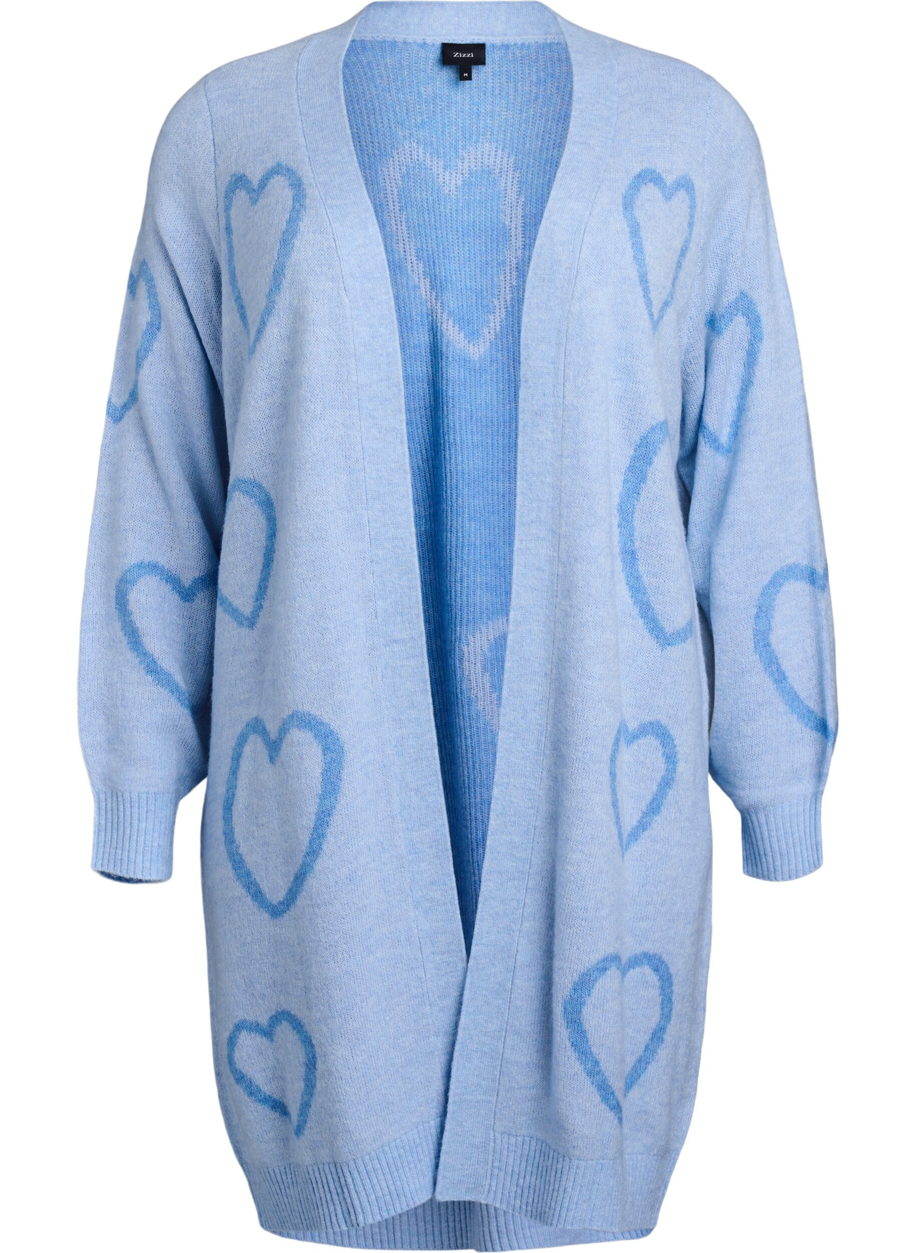 Pitk&auml; neuletakki, jossa s&auml;vy s&auml;vyyn syd&auml;mi&auml;