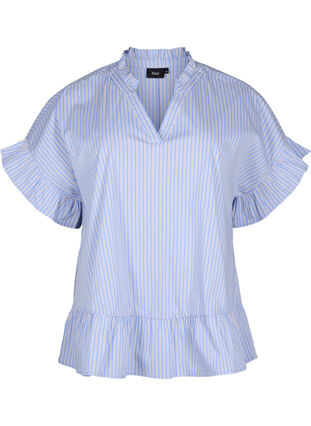 Raidallinen pusero, jossa on peplum ja röyhelöitä, Blue Stripe, Packshot image number 0