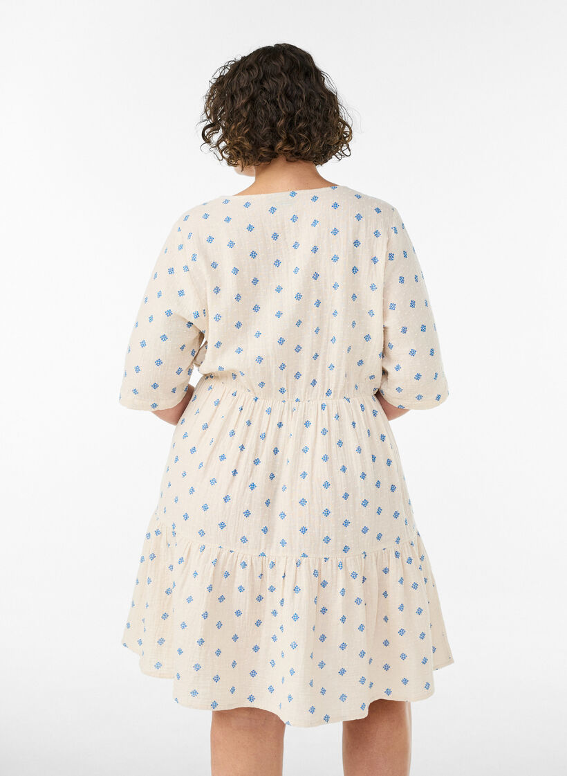 Painettu puuvillamekko joustavalla vy&ouml;t&auml;r&ouml;ll&auml;, Beige, Model image number 2