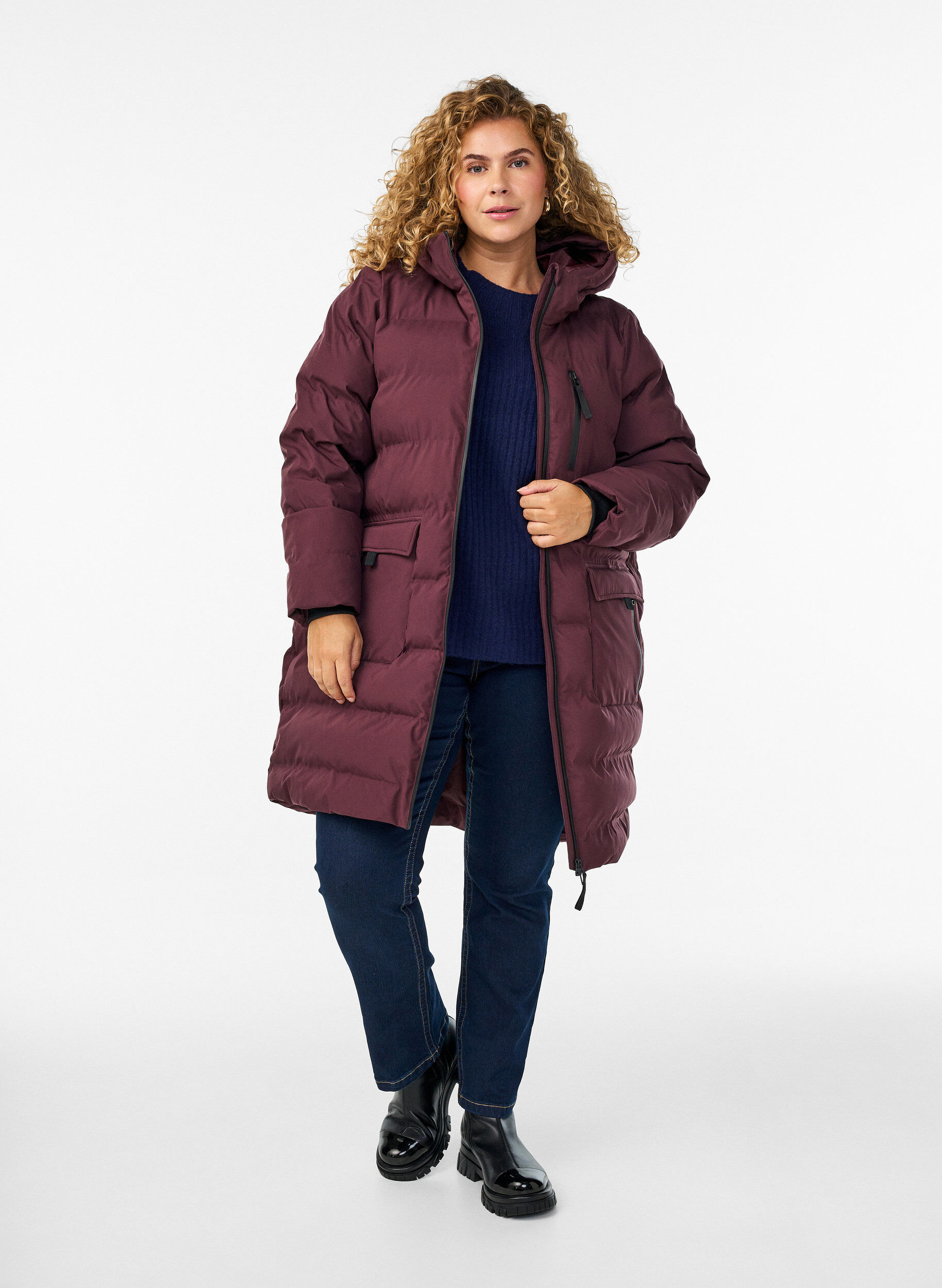 Zizzi Puffer-takki hupulla ja taskuilla, Tumma Bordeaux, Model image number 1