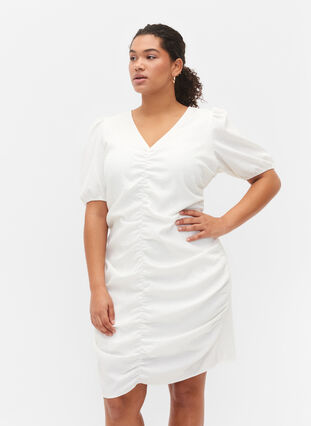 Lyhythihainen mekko rypytyksellä ja tekstuurilla, Bright White, Model image number 0