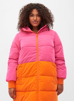 Pitkä talvitakki värikaistaleella, Pink W/Orange, Model image number 2