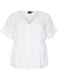 Pellava-viskoosipusero V-p&auml;&auml;ntiell&auml; ja nappikiinnityksell&auml;, Valkoinen