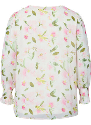 Kuosillinen, v-aukkoinen pusero pitkillä hihoilla, White/Pink Flower, Packshot image number 1