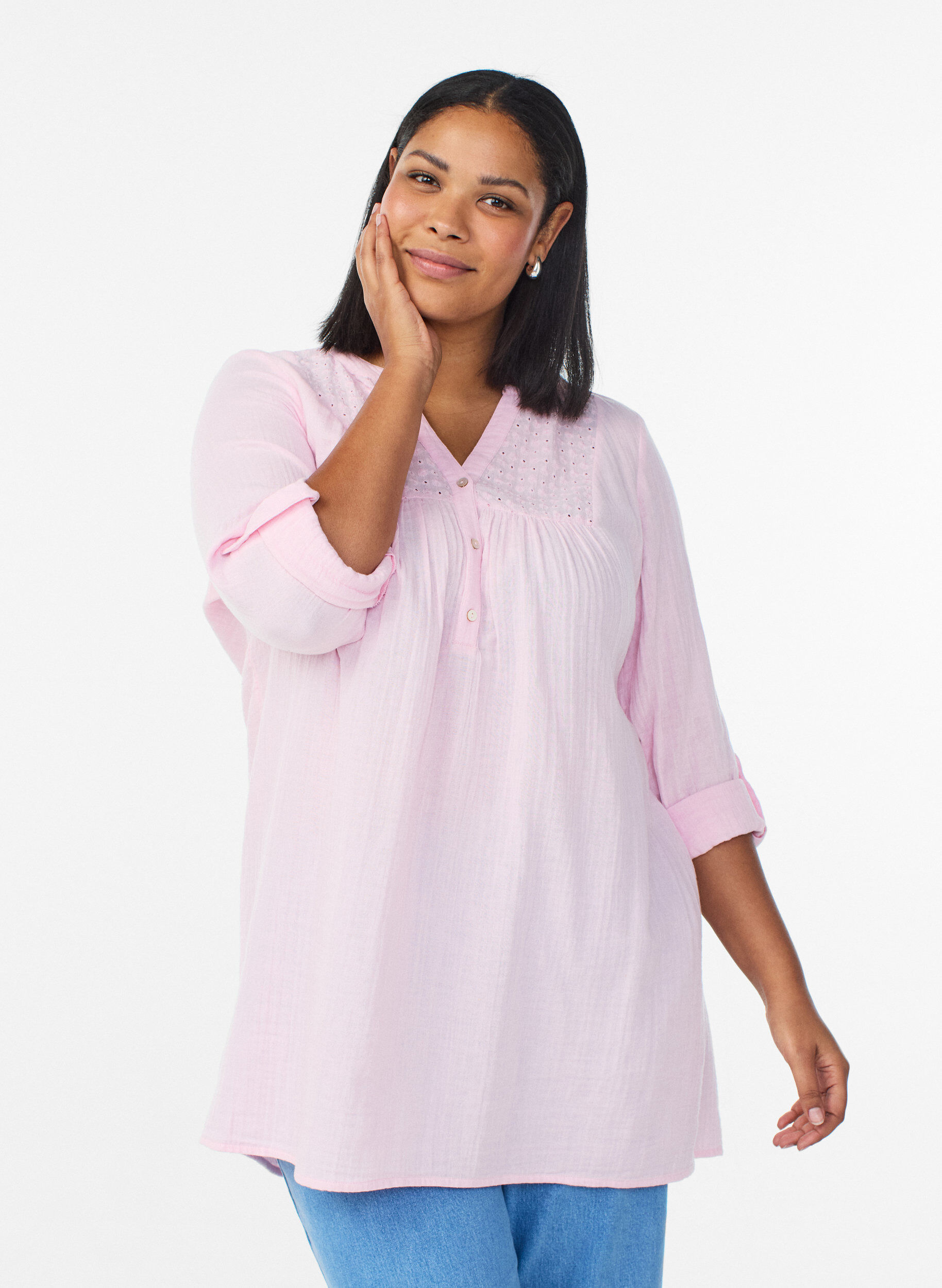 ZizziPuuvillamusliinitunika brodeeratulla pitsill&auml;, Vaaleanpunainen, Model image number 0