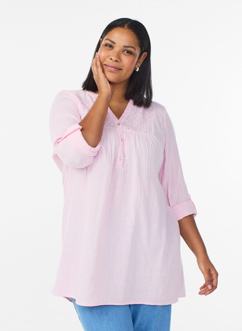 Puuvillamusliinitunika brodeeratulla pitsill&auml;, Vaaleanpunainen, Model image number 0