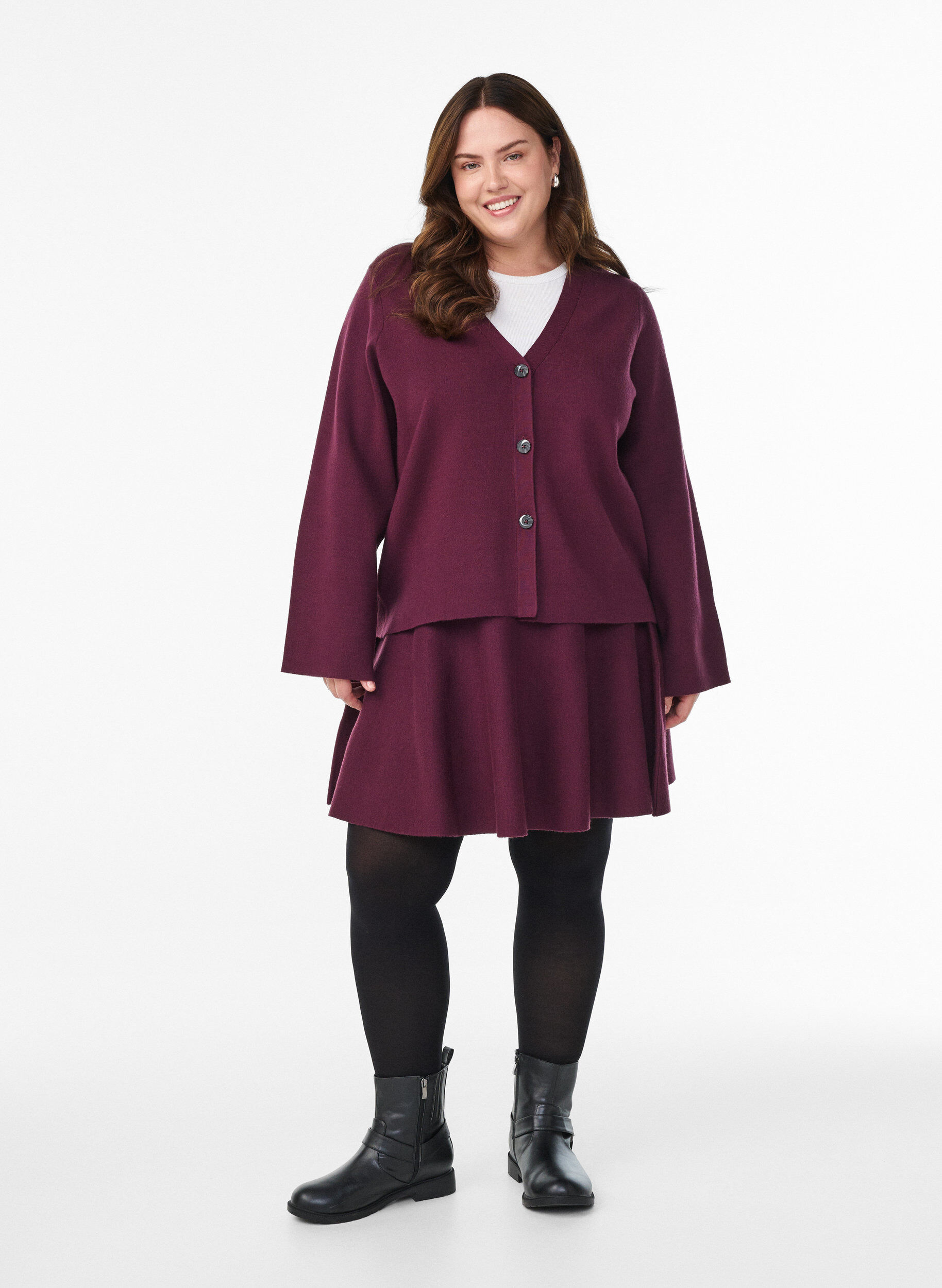 Zizzi Lyhyt neulottu A-linjainen hame, Tumma Bordeaux, Model image number 1