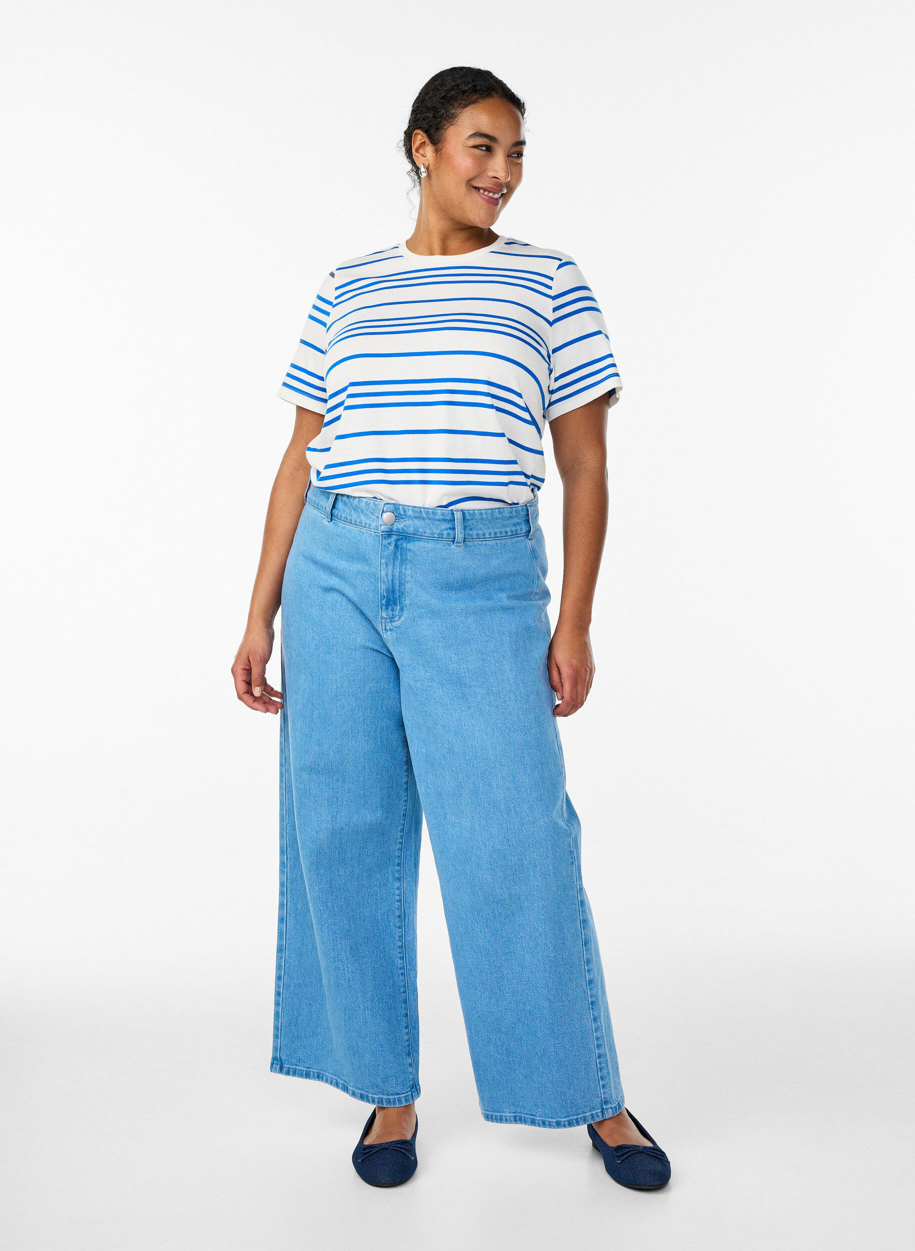 Zizzi Raidallinen puuvilla t-paita, Valkoinen, Model image number 1