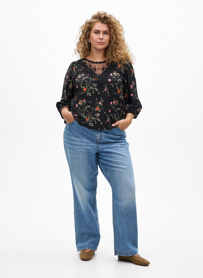 3/4-hihaiset pusero pitsiyksityiskohdilla, Musta, Model image number 1