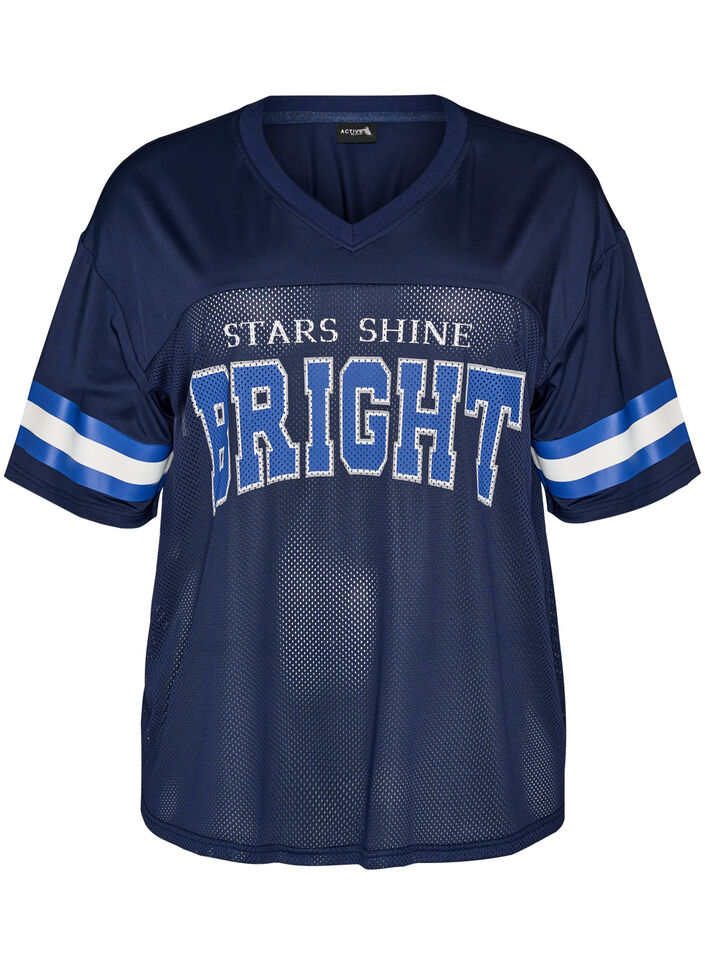 V-aukollinen treenipaita etupuolen printill&auml;, Sininen, Packshot