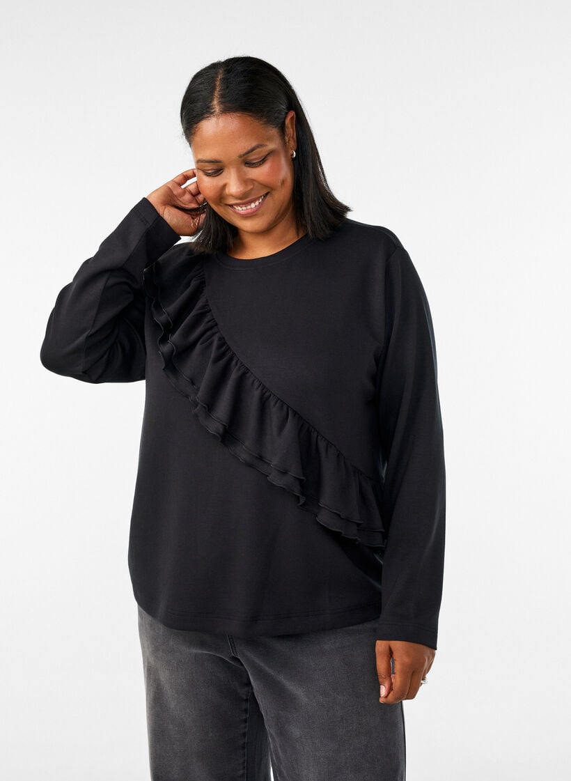 Rento jersey-pusero viistolla r&ouml;yhel&ouml;yksityiskohdalla, Musta, Model image number 0