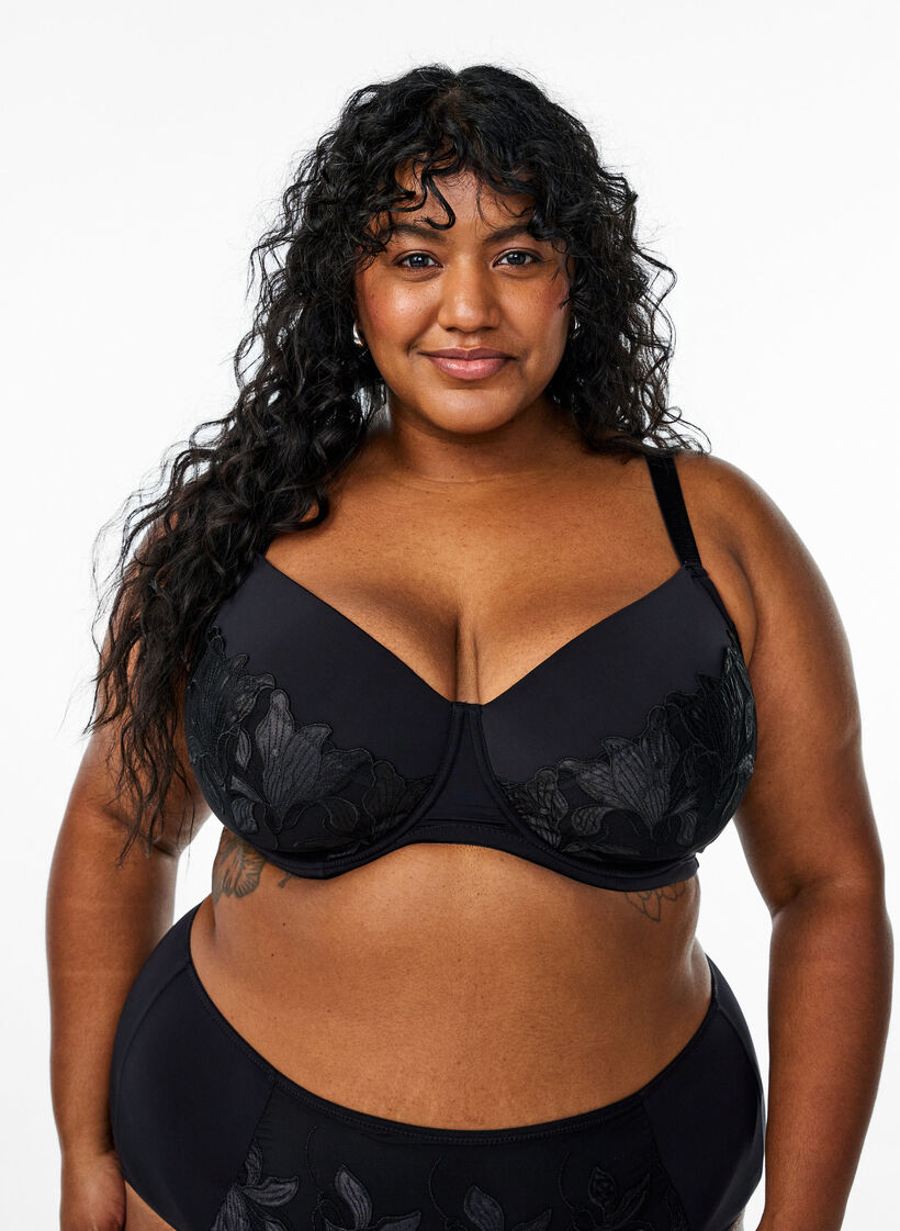 Topatut rintaliivit kirjailtuine kukkayksityiskohtineen, Musta, Model image number 0