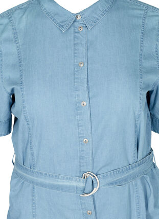Lyhythihainen farkkukankaasta valmistettu paitamekko vyöllä, Light blue denim, Packshot image number 2