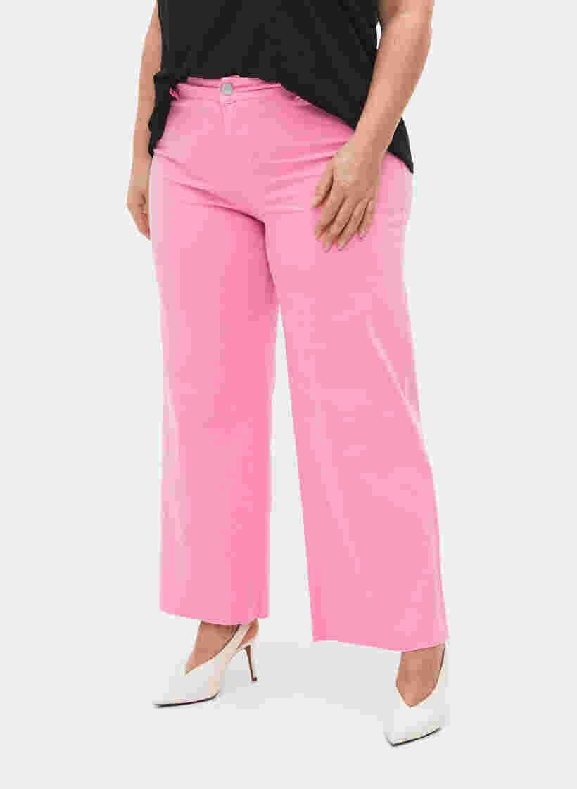 Leveälahkeiset farkut korkealla vyötäröllä, Pink, Model image number 2